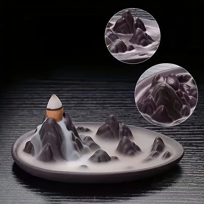 Zoom sur les détails du brûleur d'encens à reflux "Cascade de montagne"