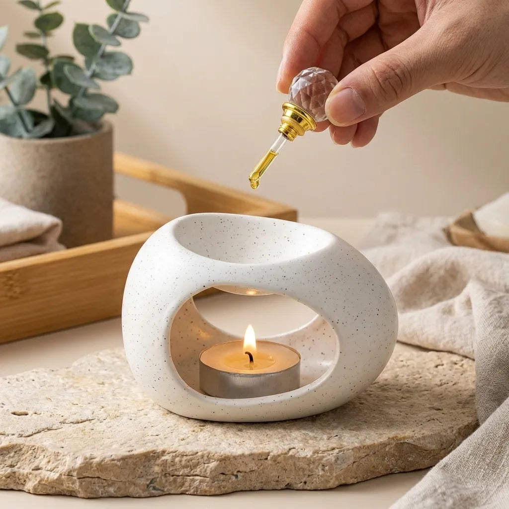 Brûleur de cire céramique blanc minimaliste avec diffuseur huiles essentielles et bougie allumée