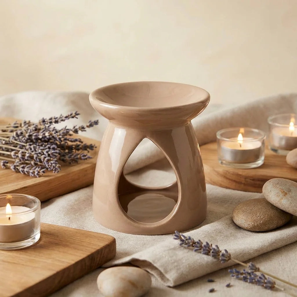 Brûleur céramique beige pour cire et huiles essentielles avec design goutte et accessoires aromathérapie