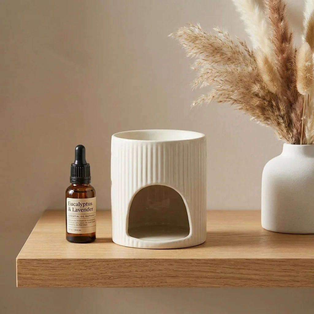 Brûleur de cire céramique blanc cassé avec huiles essentielles et décoration scandinave