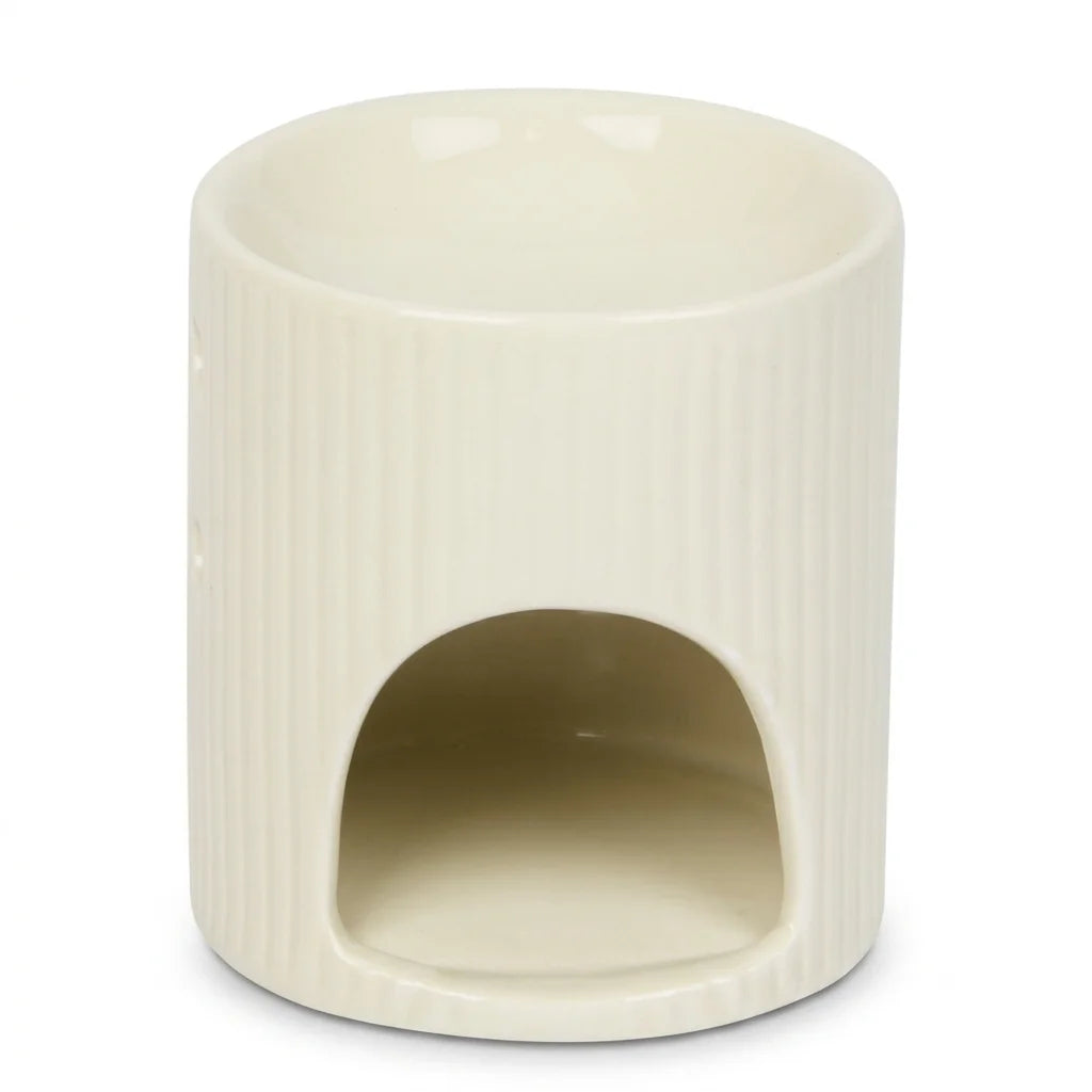 Brûleur de cire blanc cassé en céramique avec texture cannelée et ouverture arrondie