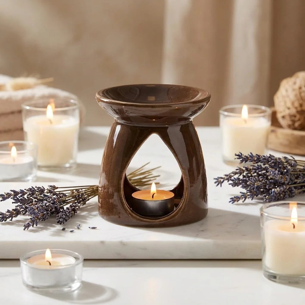 Brûleur de cire céramique chocolat avec huiles essentielles et bougies allumées sur marbre
