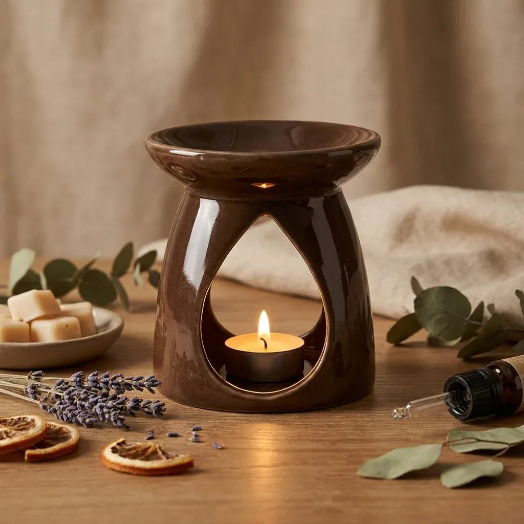 Brûleur de cire céramique chocolat avec huiles essentielles sur surface bois, ambiance wellness