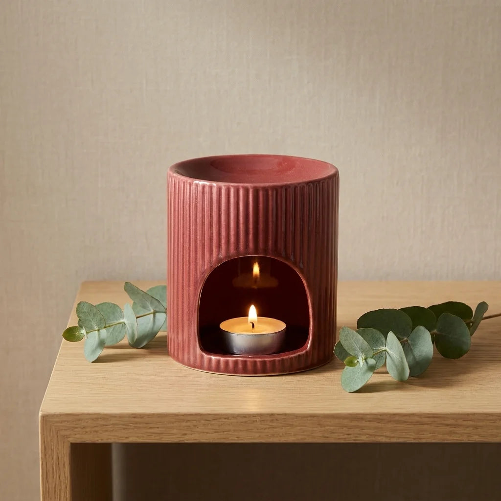 Brûleur de cire céramique rouge avec eucalyptus et bougie, décoration spa luxe