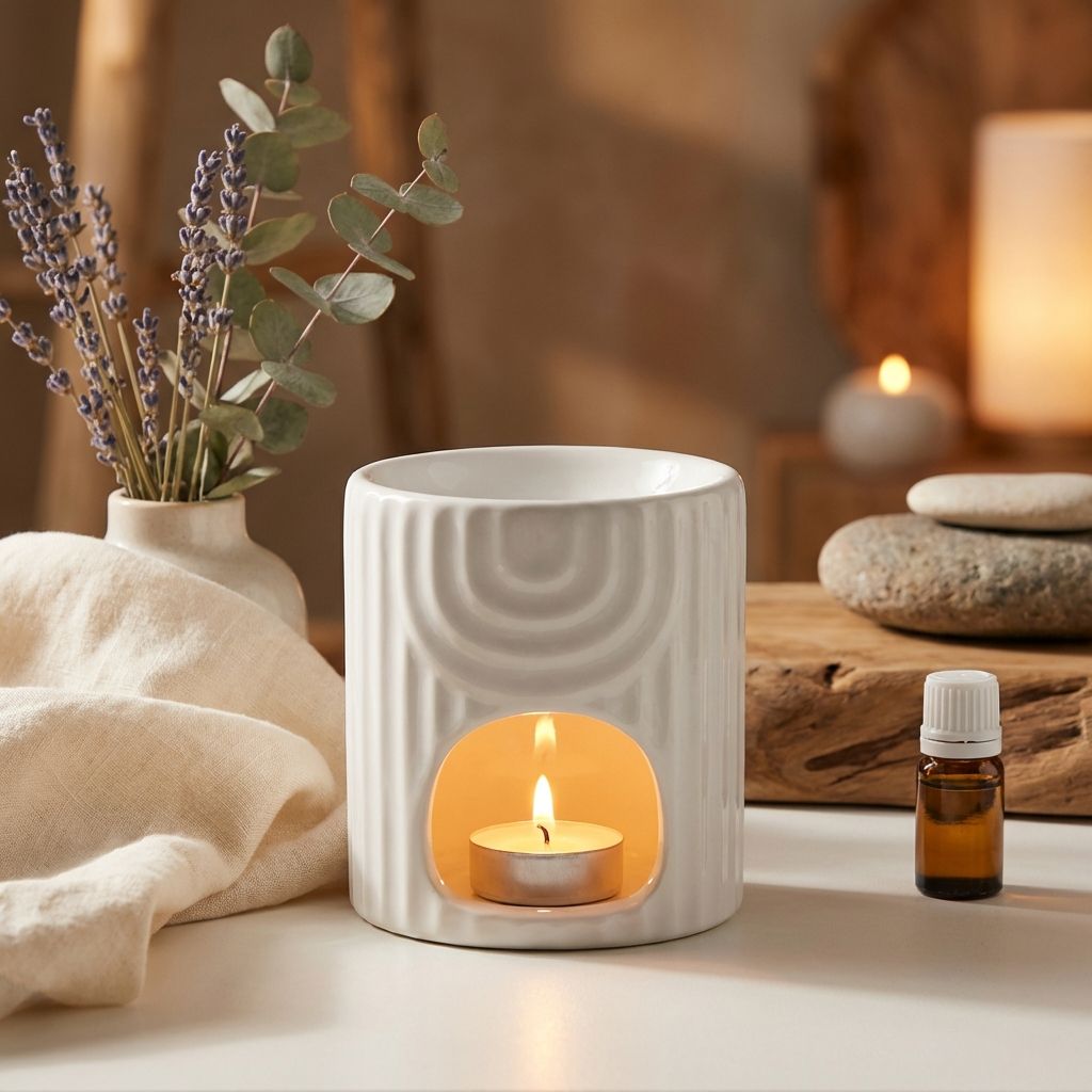 Brûleur de cire blanc en céramique avec bougie allumée et fleurs séchées