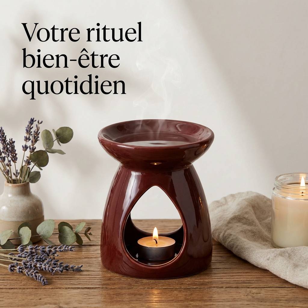Brûleur de cire bordeaux avec huiles essentielles dans un décor minimaliste bien-être