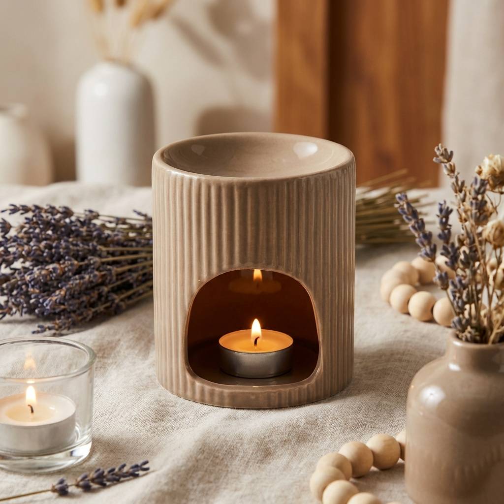 Brûleur de cire taupe avec texture nervurée entouré de lavande séchée et décoration bohème
