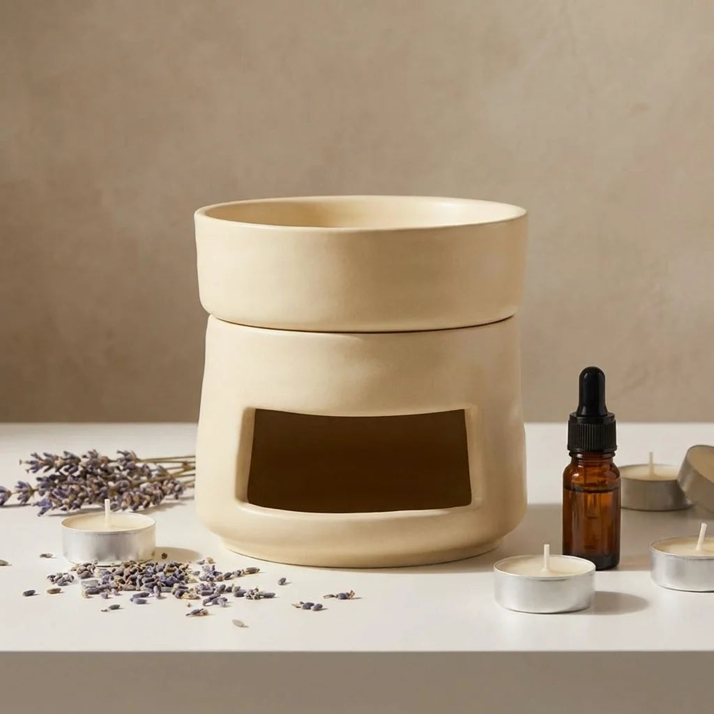 Brûleur de cire céramique beige avec huiles essentielles et fleurs lavande