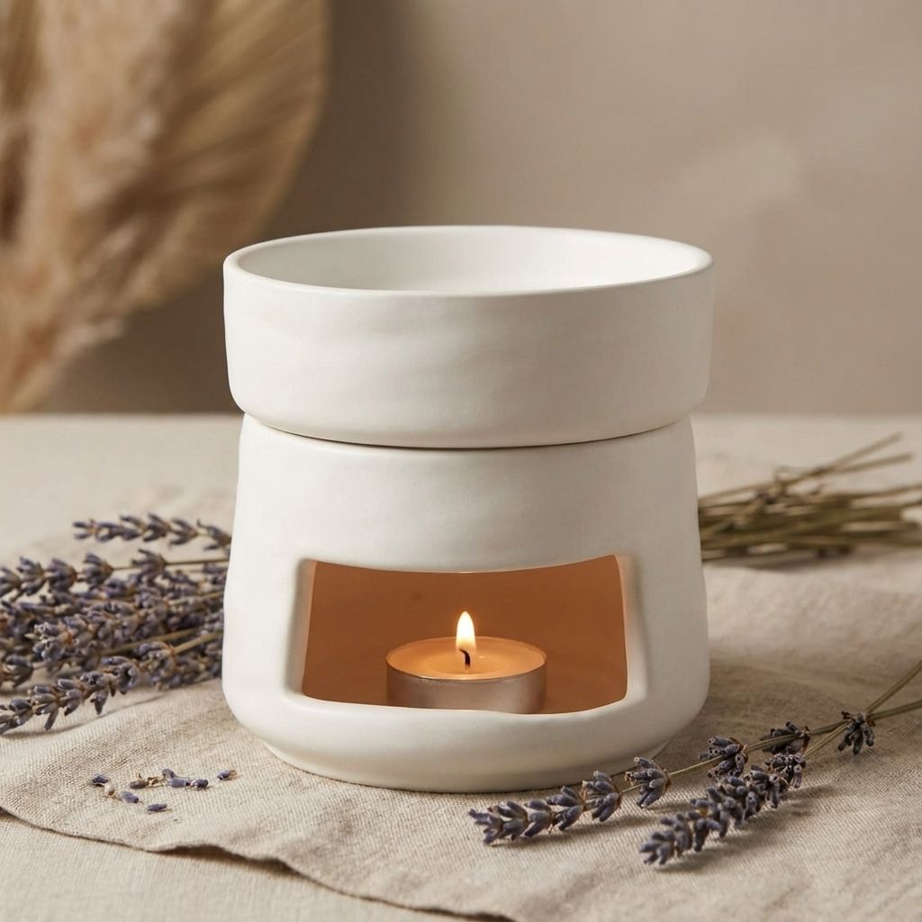 Brûleur de cire blanc en céramique avec lavande et bougie chauffe-plat