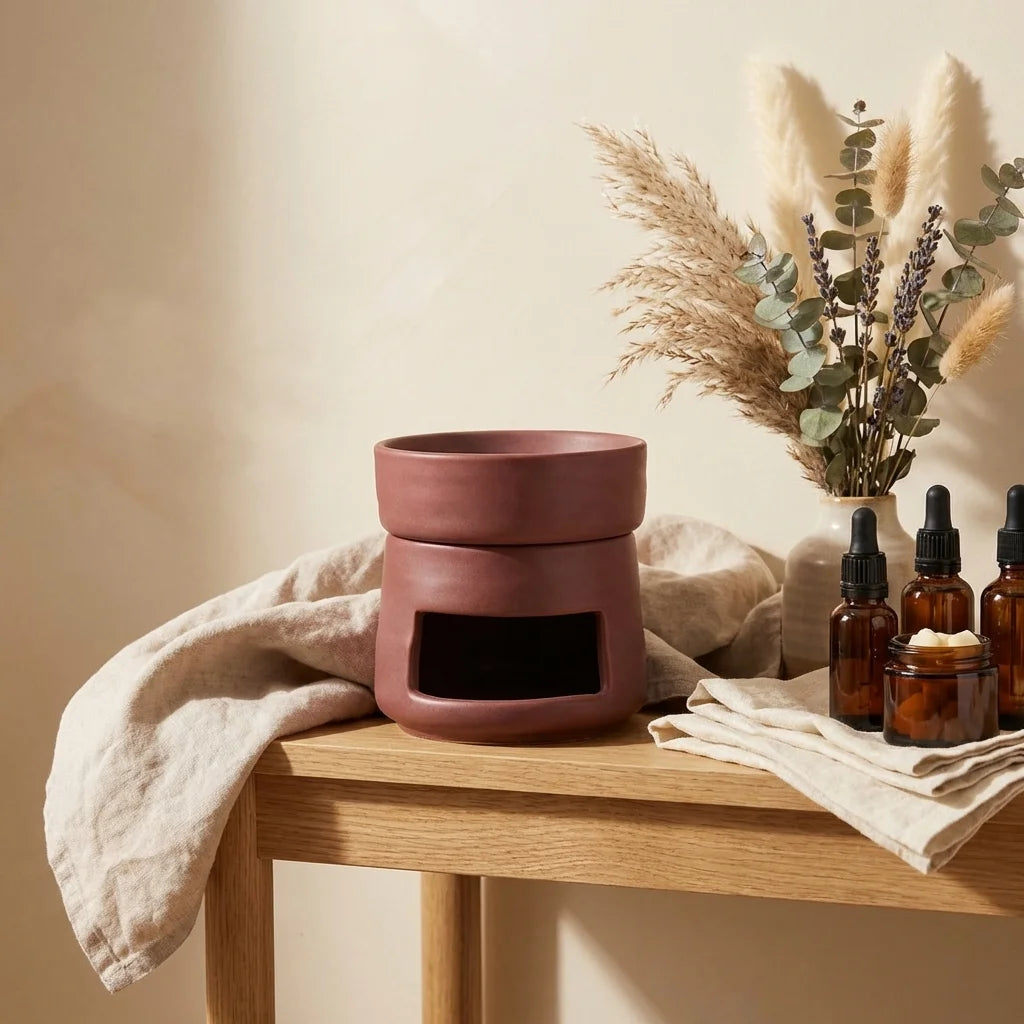 Brûleur de cire en céramique bordeaux sur étagère avec huiles essentielles et fleurs séchées
