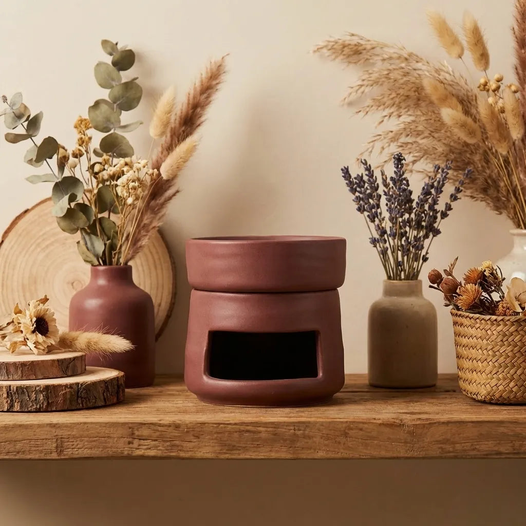 Brûleur de cire en céramique bordeaux avec huiles essentielles sur étagère en bois