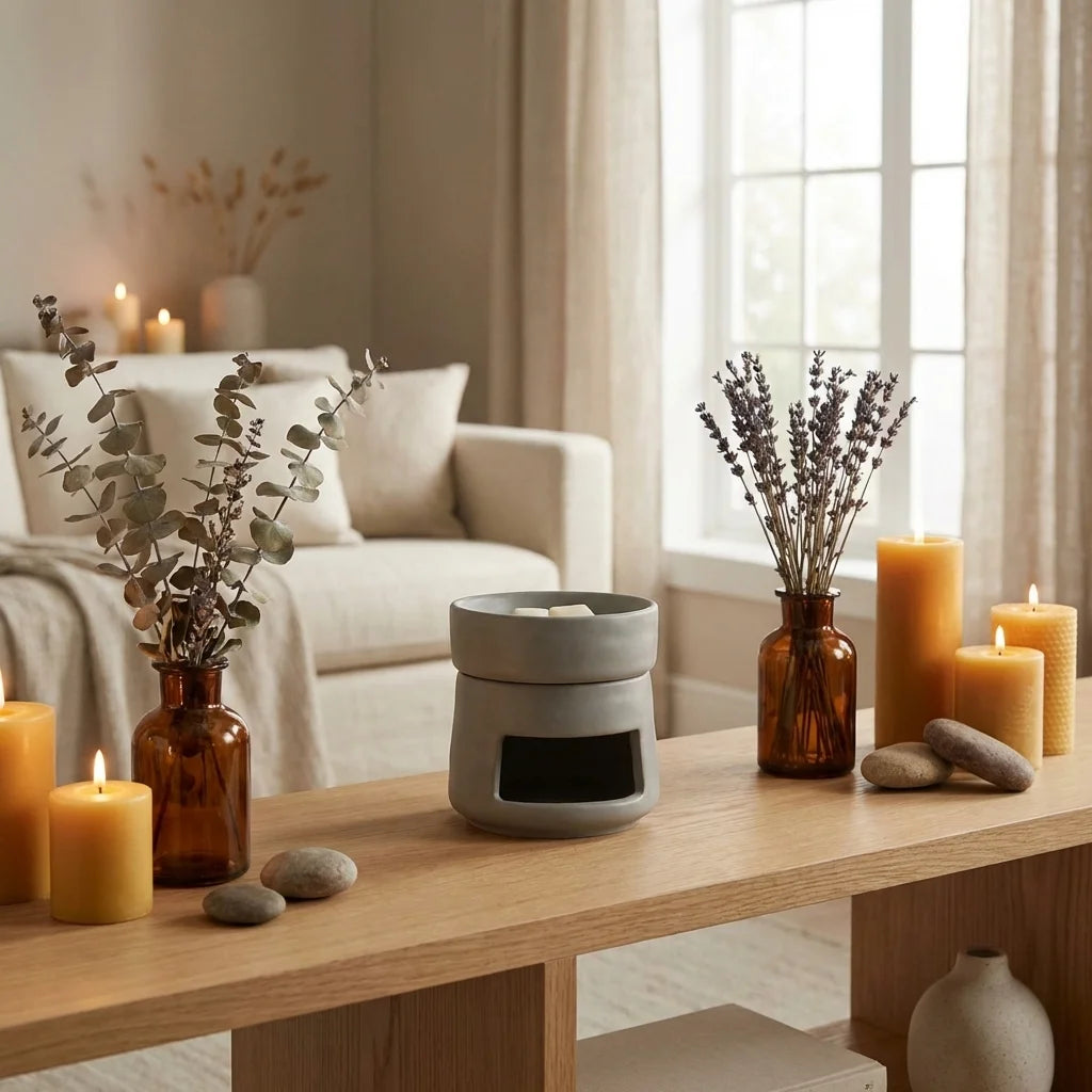 Brûleur de cire en céramique gris sur étagère avec bougies et fleurs séchées