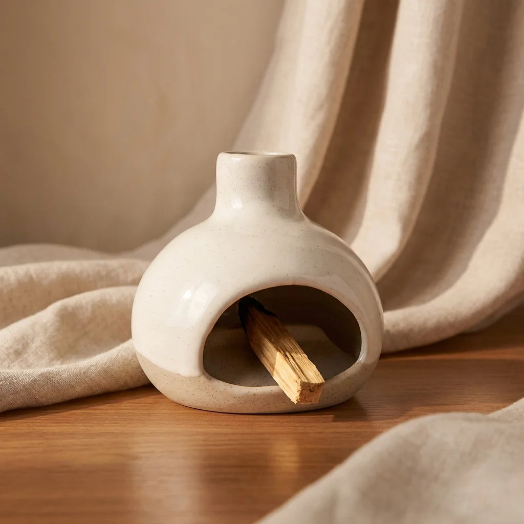 Brûleur de Palo Santo en céramique crème avec collecteur de cendres sur bois