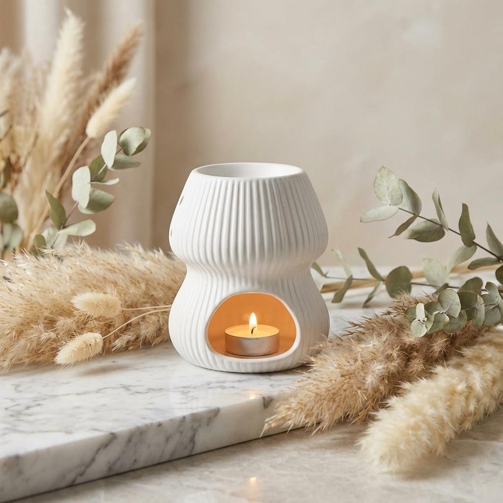 Brûleur de parfum Curve Blanc Scentships sur surface marbre avec décoration florale