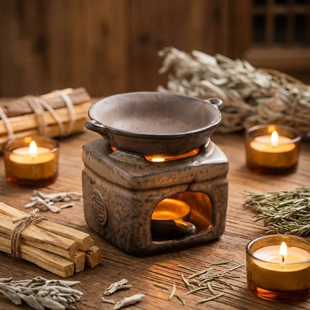Brûleur d'encens céramique artisanal effet pierre avec bâtons de palo santo et bougies