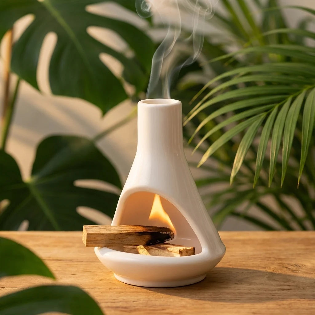 Brûleur d'encens blanc en porcelaine avec cheminée sur surface bois, fumée légère, style zen minimaliste