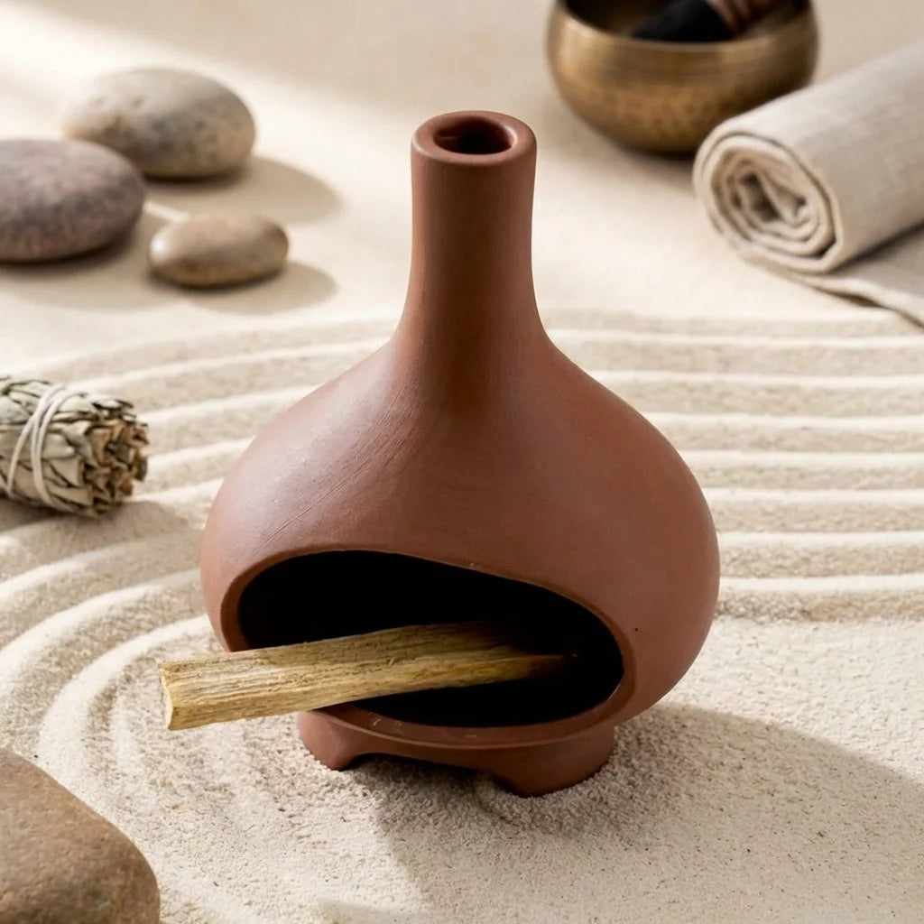 Brûleur d'encens céramique terracotta avec cheminée et brosse en bois