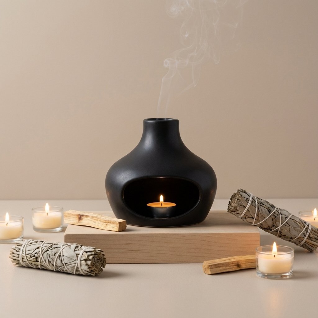 Brûleur d'encens céramique noir avec cheminée et palo santo, ambiance zen