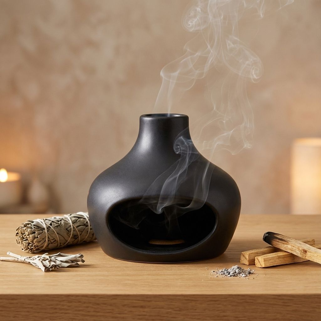 Brûleur d'encens céramique noir avec cheminée, palo santo et fumée de sauge