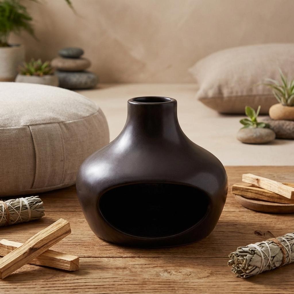 Brûleur d'encens noir en céramique avec cheminée et bâtons de Palo Santo