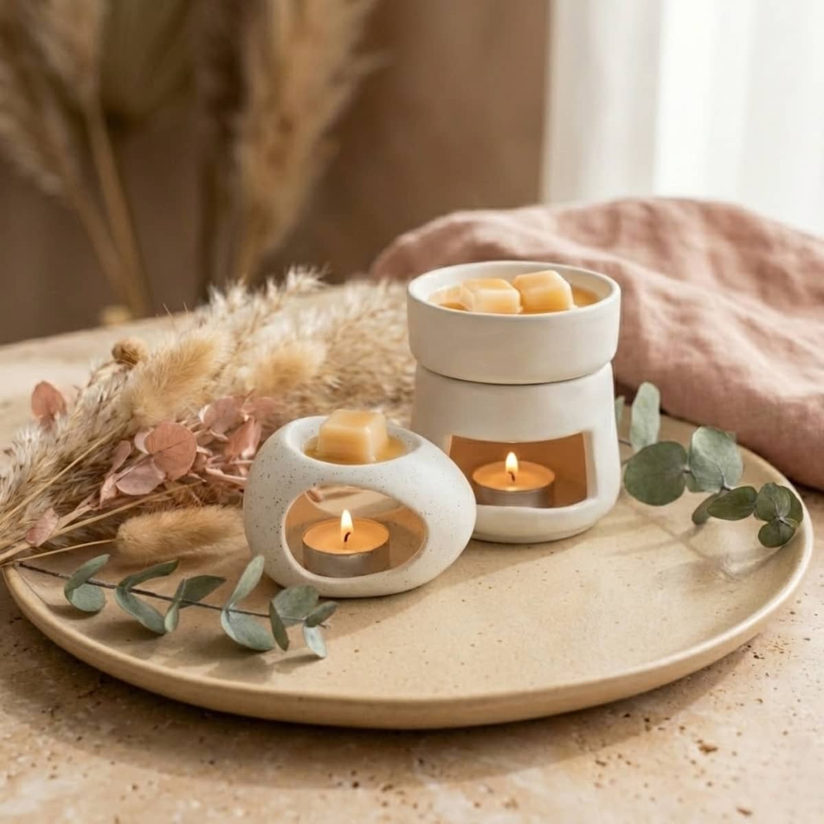 Un diffuseur de parfum naturel pour la maison au design moderne et minimaliste avec autre brûleur dans un décor naturel