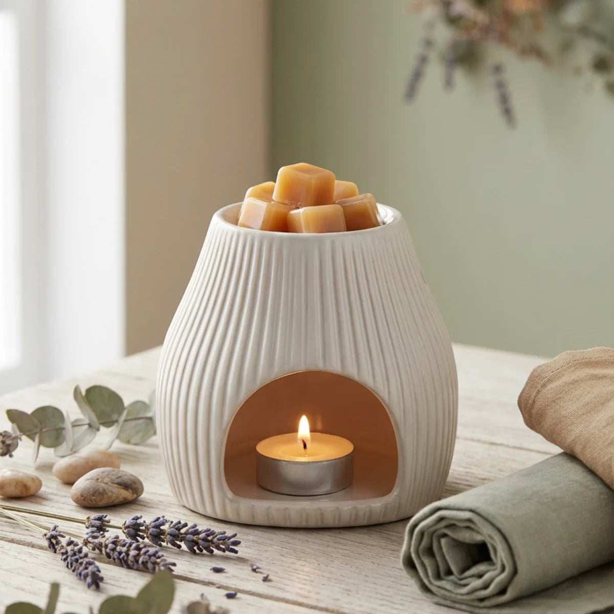 Brûleur Scentchips Flare Désert blanc faisant fondre des carrés d'ambre dans un décore naturel, sur une table en bois