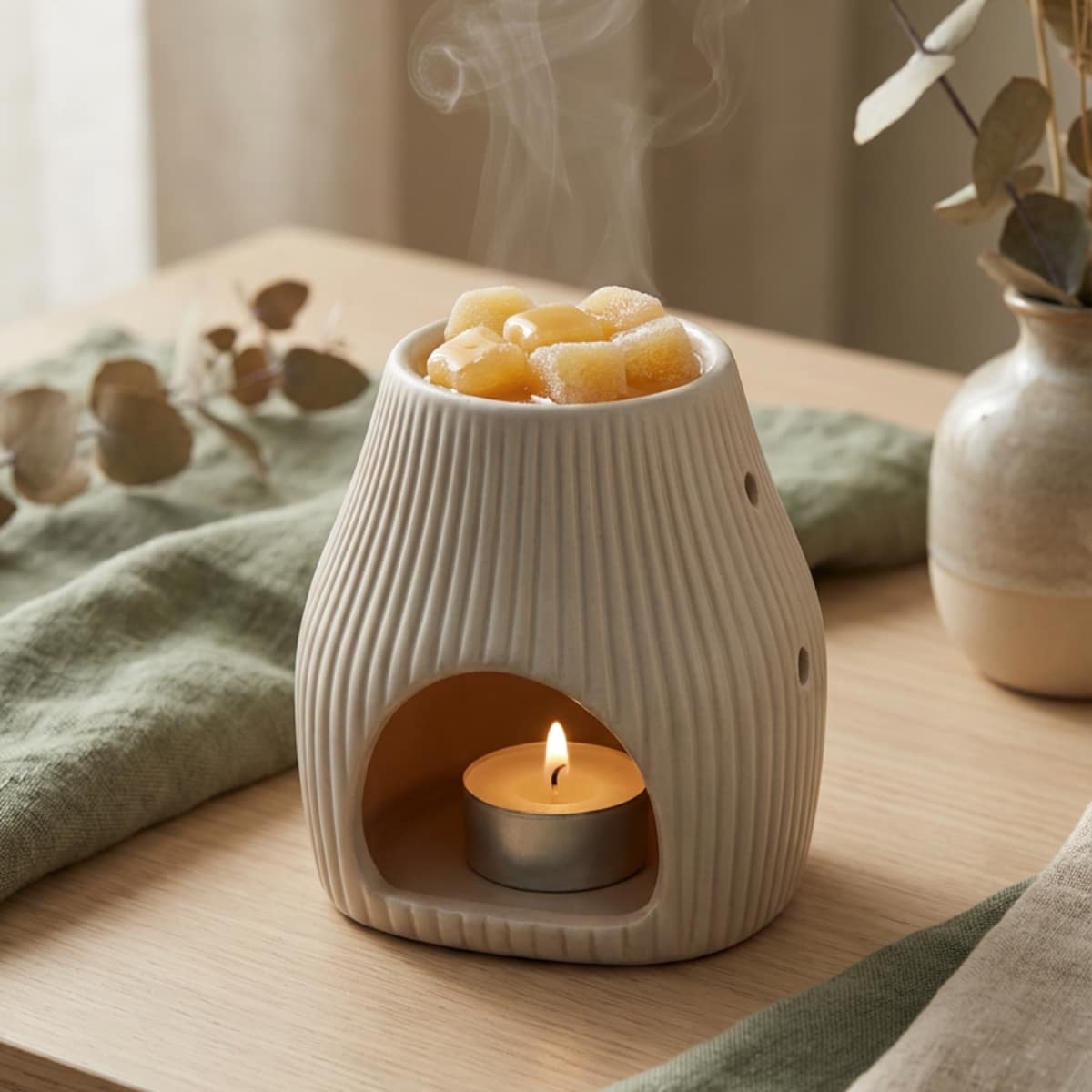 Brûleur Scentchips Flare Désert blanc avec carrés d'ambre et bougie allumée