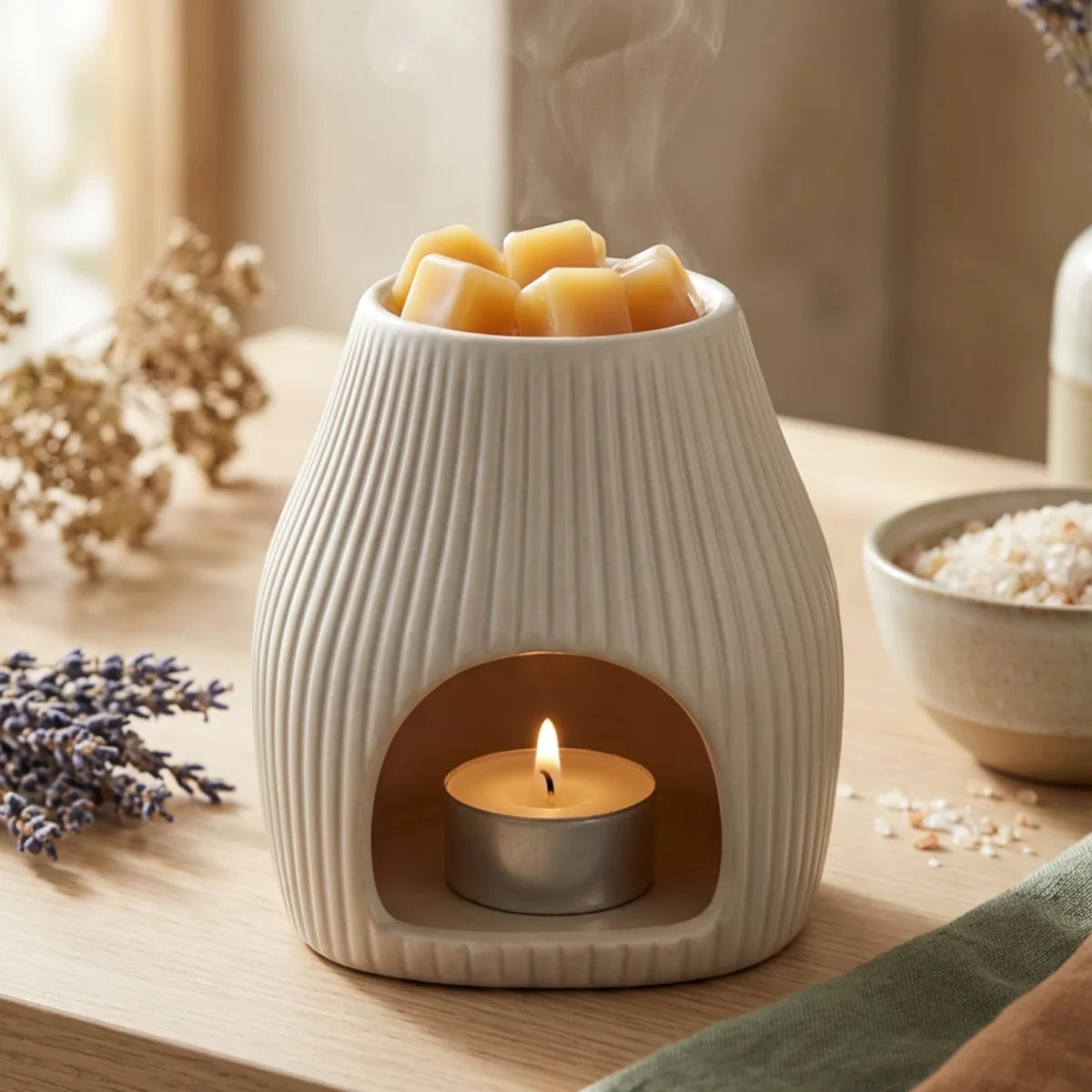 Brûleur Scentchips Flare Désert blanc avec carré d'ambre et bougie allumée dans un décor naturel