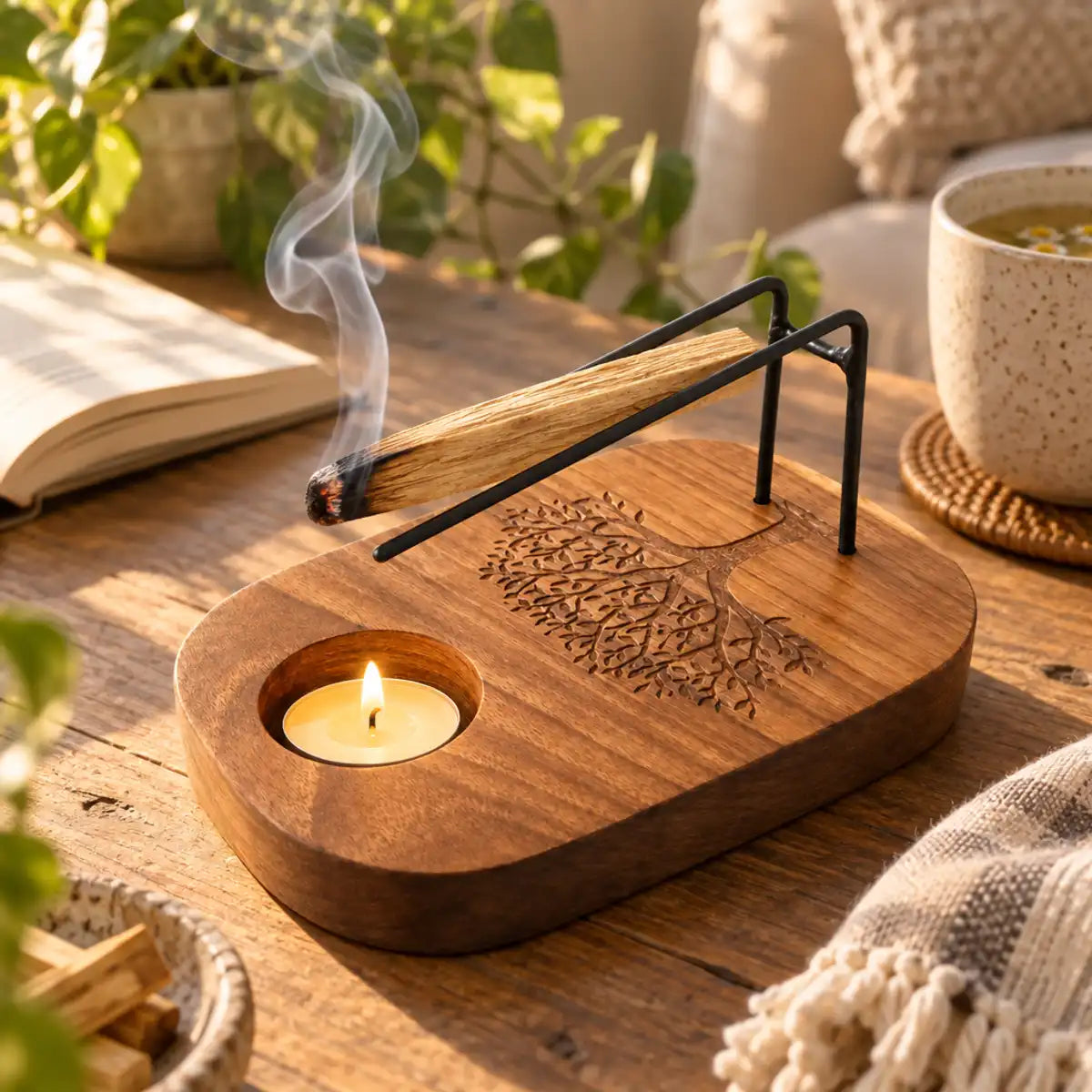Brûleur Palo Santo en bois de teck gravé Arbre de Vie, bougie chauffe-plat et baguette, ambiance zen et méditative