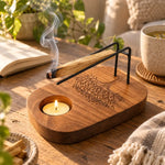 Brûleur Palo Santo en bois de teck gravé Arbre de Vie, bougie chauffe-plat et baguette, ambiance zen et méditative