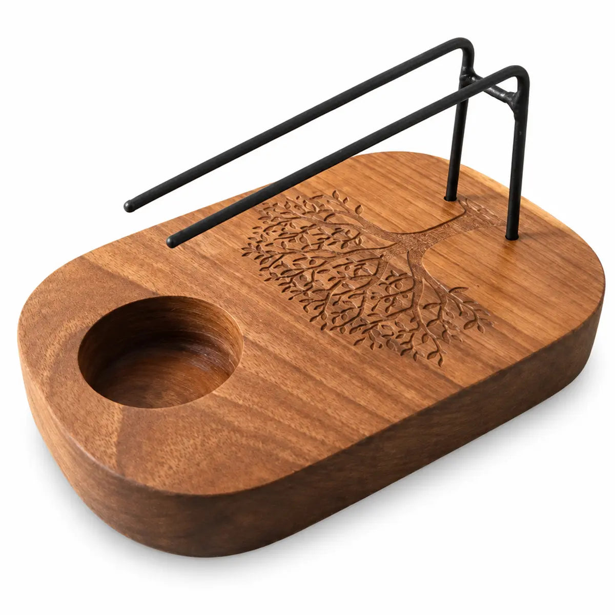 Brûleur palo santo en bois de teck sculpté d'un arbre de vie, avec bougie chauffe-plat et support à baguettes, sur fond blanc
