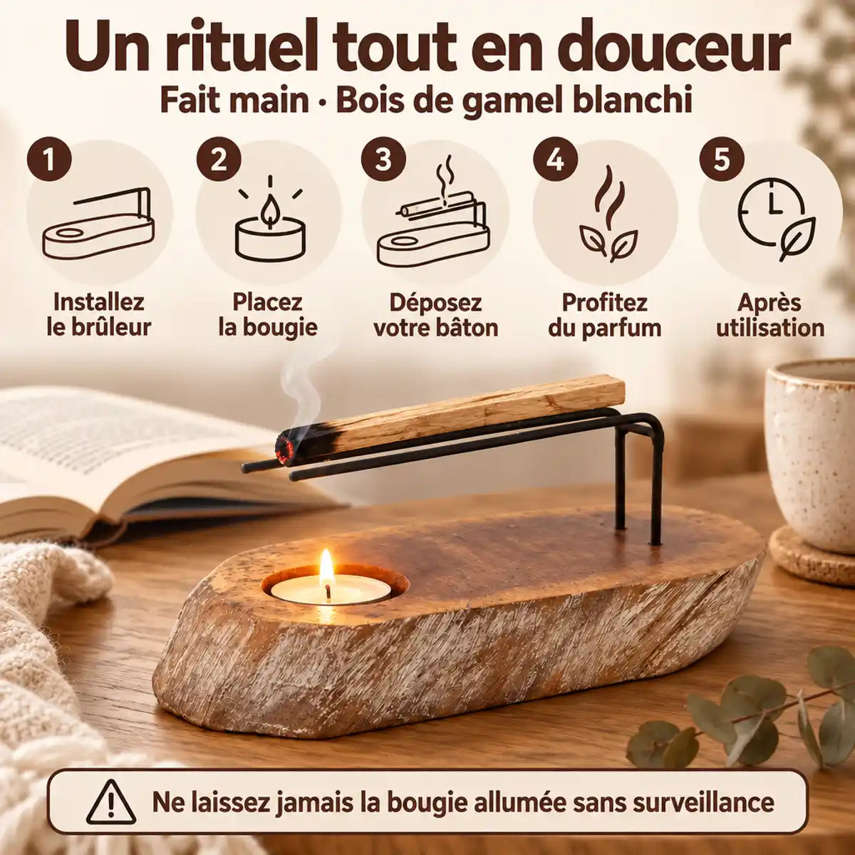 Brûleur Palo Santo en bois de gamel blanchi fait main, bougie chauffe-plat, bâton d'encens et guide d'utilisation en 5 étapes