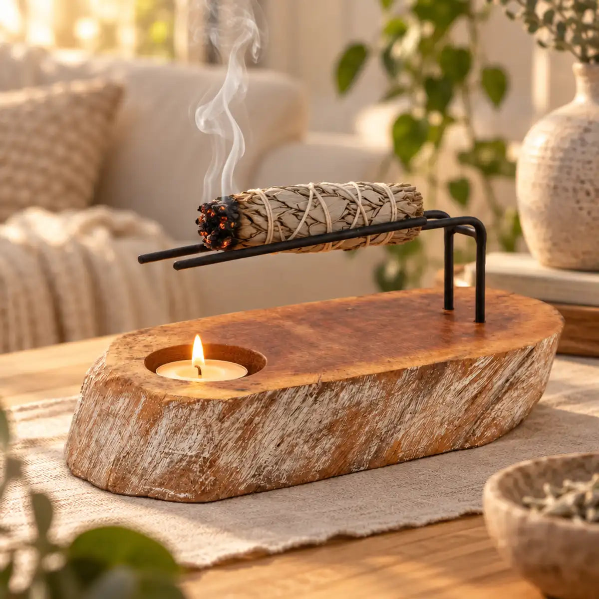 Brûleur Palo Santo en bois de gamel blanchi avec bougie et sauge fumante sur table en chêne, ambiance zen scandinave