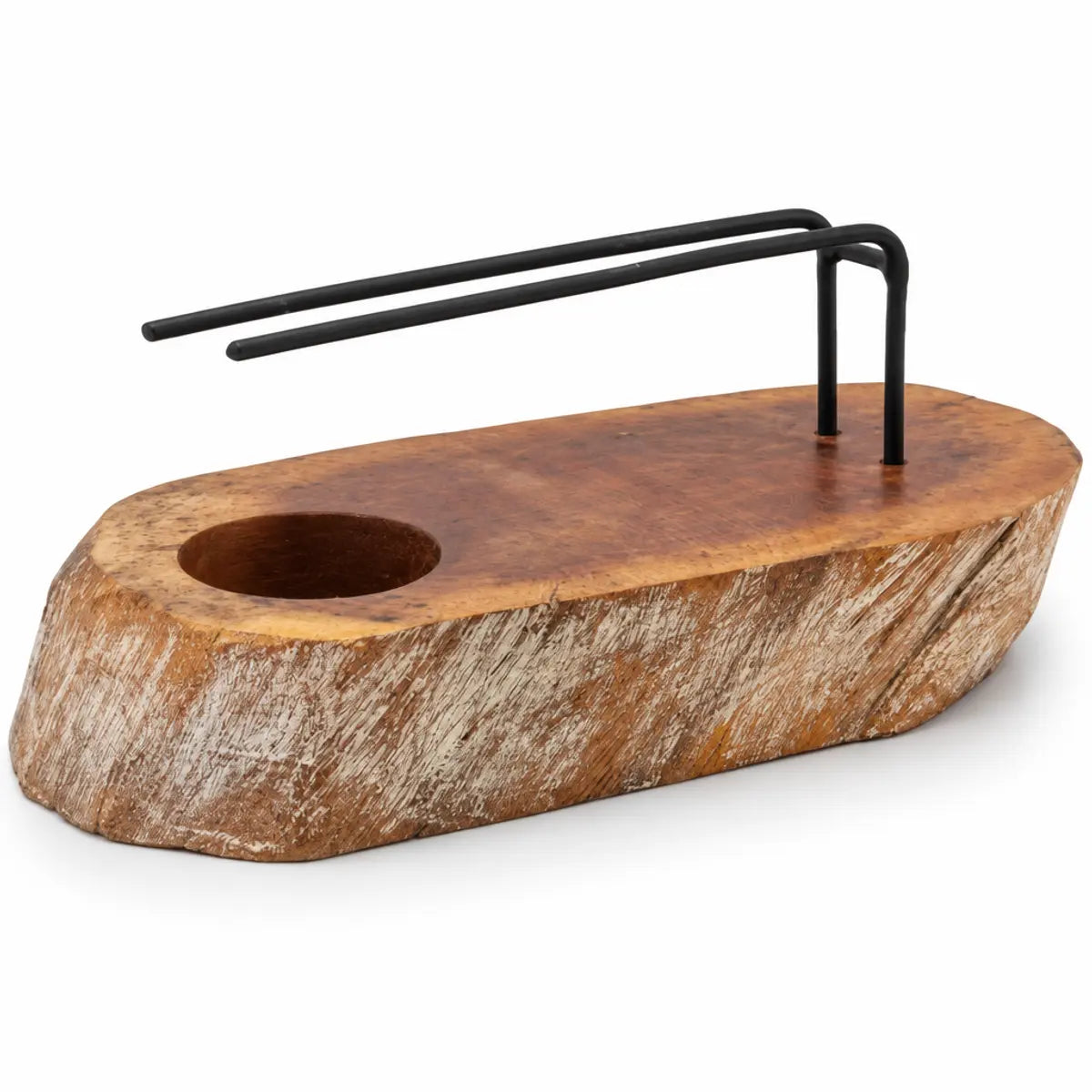 Brûleur Palo Santo en bois de Gamel Blanchi sur fond blanc, support pour bougie chauffe-plat et tiges métalliques noires