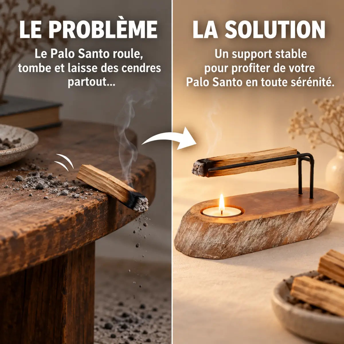 Brûleur Palo Santo en bois de gamel blanchi : comparaison problème et solution avec bâton de palo santo sur bougie chauffe-p

Wait, I need to be careful with length. Let me craft a clean version under 125 characters.

Brûleur en bois de gamel blanchi pour Palo Santo : avant/après, la solution apaisante sur bougie chauffe-plat

Let me count: roughly 105 characters. Good.