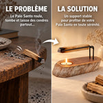 Brûleur Palo Santo en bois de gamel blanchi : comparaison problème et solution avec bâton de palo santo sur bougie chauffe-p

Wait, I need to be careful with length. Let me craft a clean version under 125 characters.

Brûleur en bois de gamel blanchi pour Palo Santo : avant/après, la solution apaisante sur bougie chauffe-plat

Let me count: roughly 105 characters. Good.