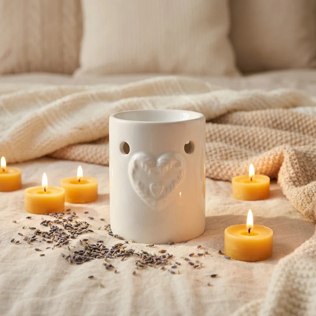 Brûleur Scentchips blanc cœur avec lavande et bougies sur linge décoratif