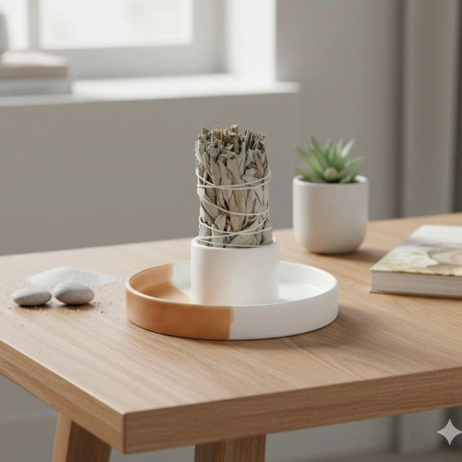 un porte palo santo et sauge bicolore en céramique avec une sauge posée sur une table en bois