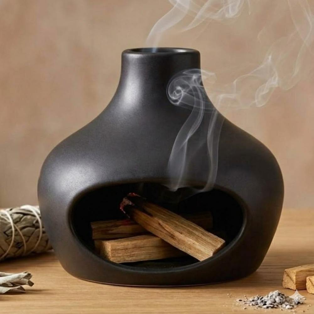 Un Brûleur d'encens en céramique noir avec cheminée, avec du palo santo fumant à l'intérieur