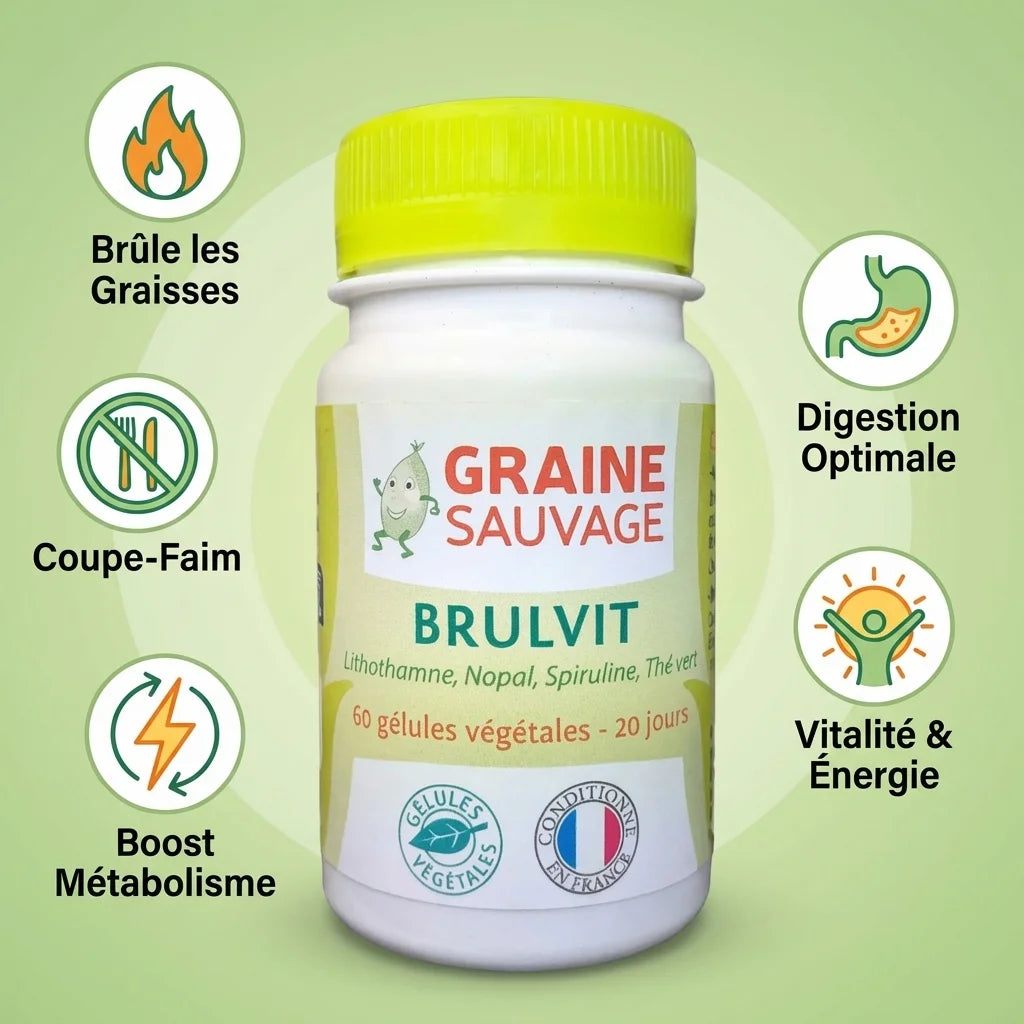 Brulvit 60 gélules complément alimentaire avec icônes bénéfices brûle-graisses coupe-faim métabolisme