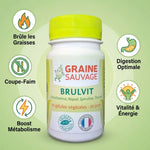 Brulvit 60 gélules complément alimentaire avec icônes bénéfices brûle-graisses coupe-faim métabolisme