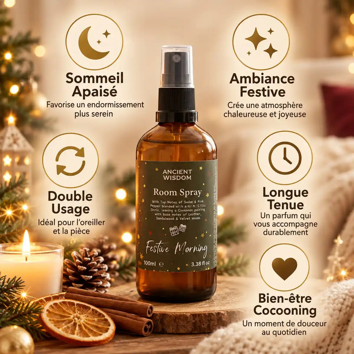Brume d'oreiller Matin Festif 100ml avec infographie des 5 bénéfaits et décoration festive