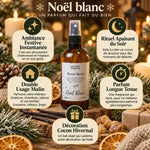 Brume Noël blanc 100ml avec infographie 5 bénéfices, ambiance festive et rituel apaisant