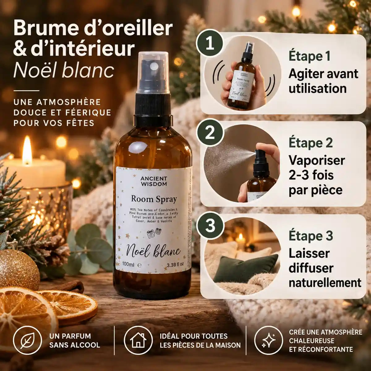 Brume d'oreiller Noël blanc 100ml avec guide d'utilisation en 3 étapes, décor festif