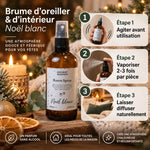 Brume d'oreiller Noël blanc 100ml avec guide d'utilisation en 3 étapes, décor festif