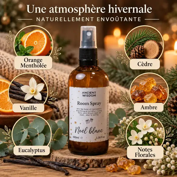 Brume d'intérieur Noël blanc 100ml avec ingrédients naturels : orange, vanille, cèdre et eucalyptus
