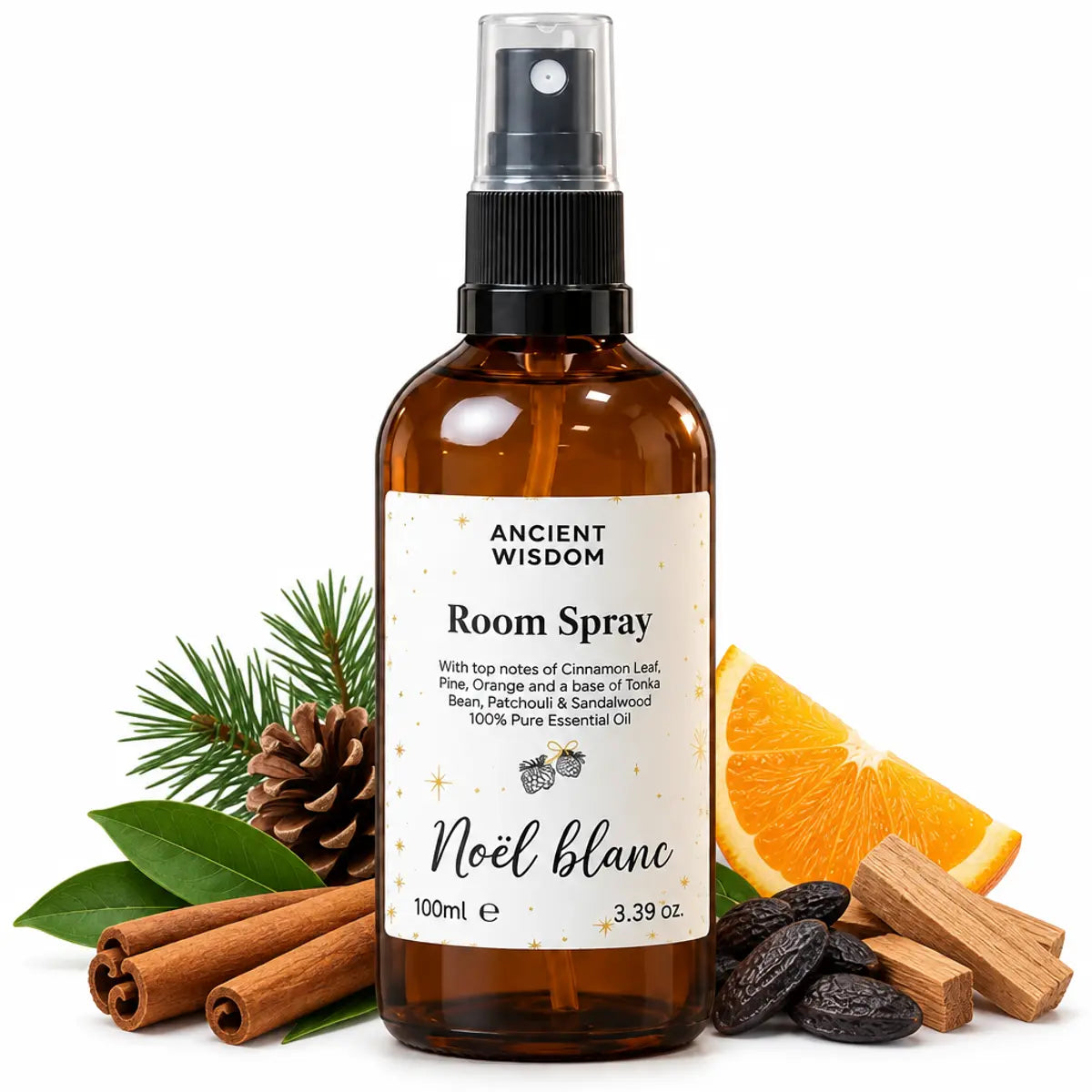 Brume d'intérieur Noël blanc 100ml - Spray ambiance parfumée avec notes de cannelle et sapin
