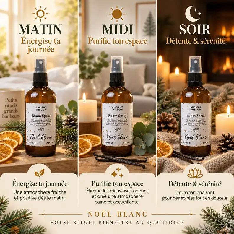 Brume d'oreiller Noël blanc 100ml - Rituel matin, midi, soir avec flacon spray et décoration hivernale