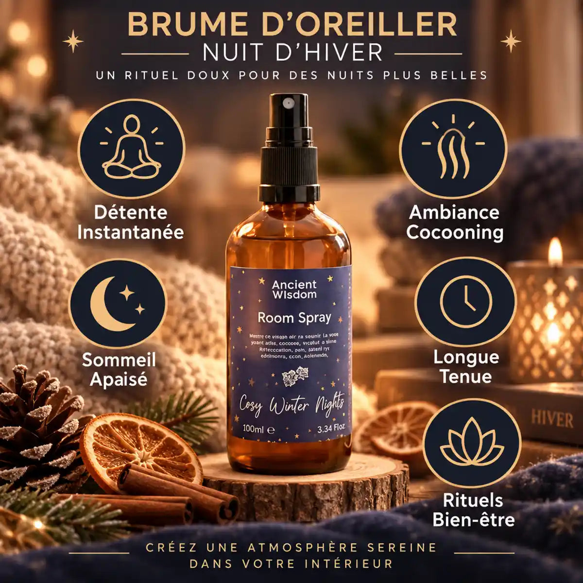 Brume d'oreiller Nuit d'hiver 100ml avec bénéfices relaxation, sommeil apaisé et bien-être