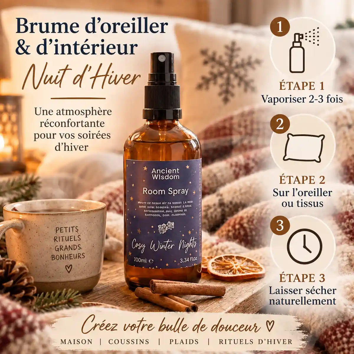 Brume Nuit d'hiver 100ml avec guide d'utilisation en 3 étapes pour oreiller et tissus